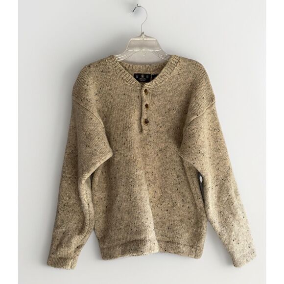 Vtg J Riggins Wool Sweater Henley Chunky Button Thick Cozy Beige Mens Large - Picture 1 of 14